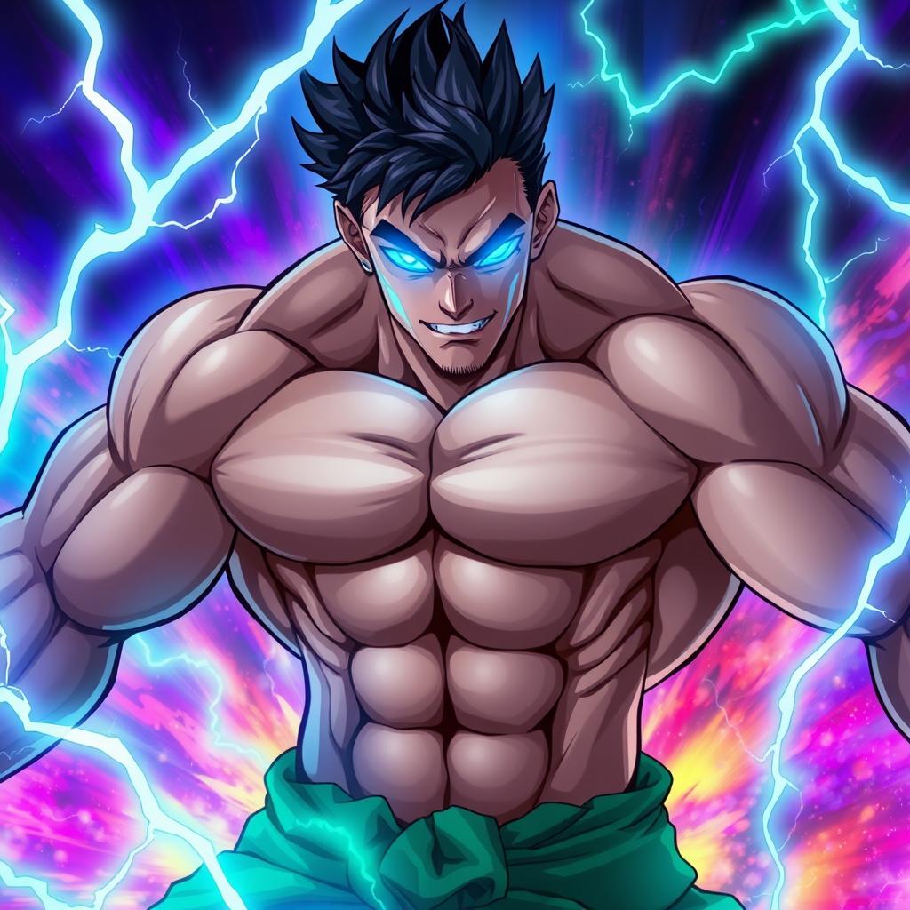 A very muscular man with a powerful physique, featuring striking light blue glowing eyes that radiate energy