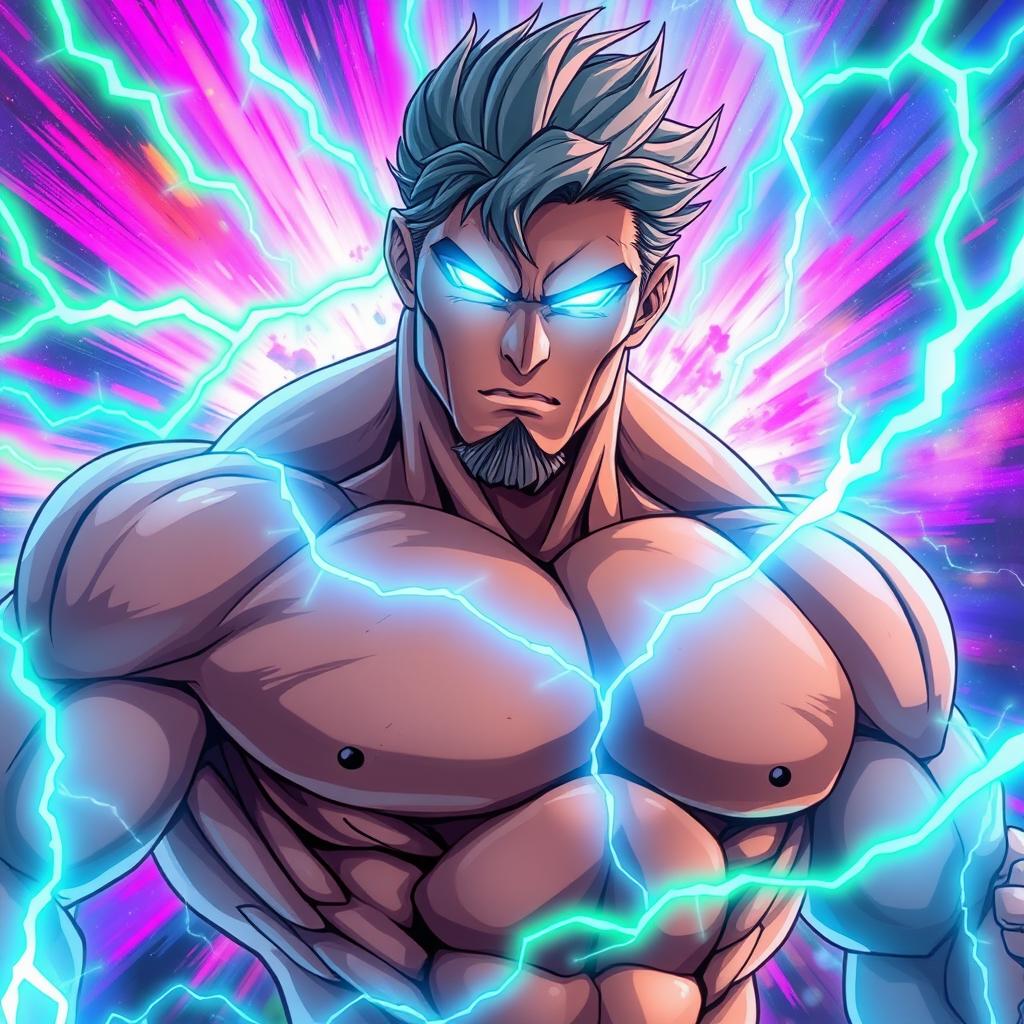 A very muscular man with a powerful physique, featuring striking light blue glowing eyes that radiate energy