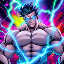 A very muscular man with a powerful physique, featuring striking light blue glowing eyes that radiate energy