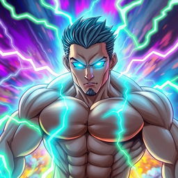 A very muscular man with a powerful physique, featuring striking light blue glowing eyes that radiate energy