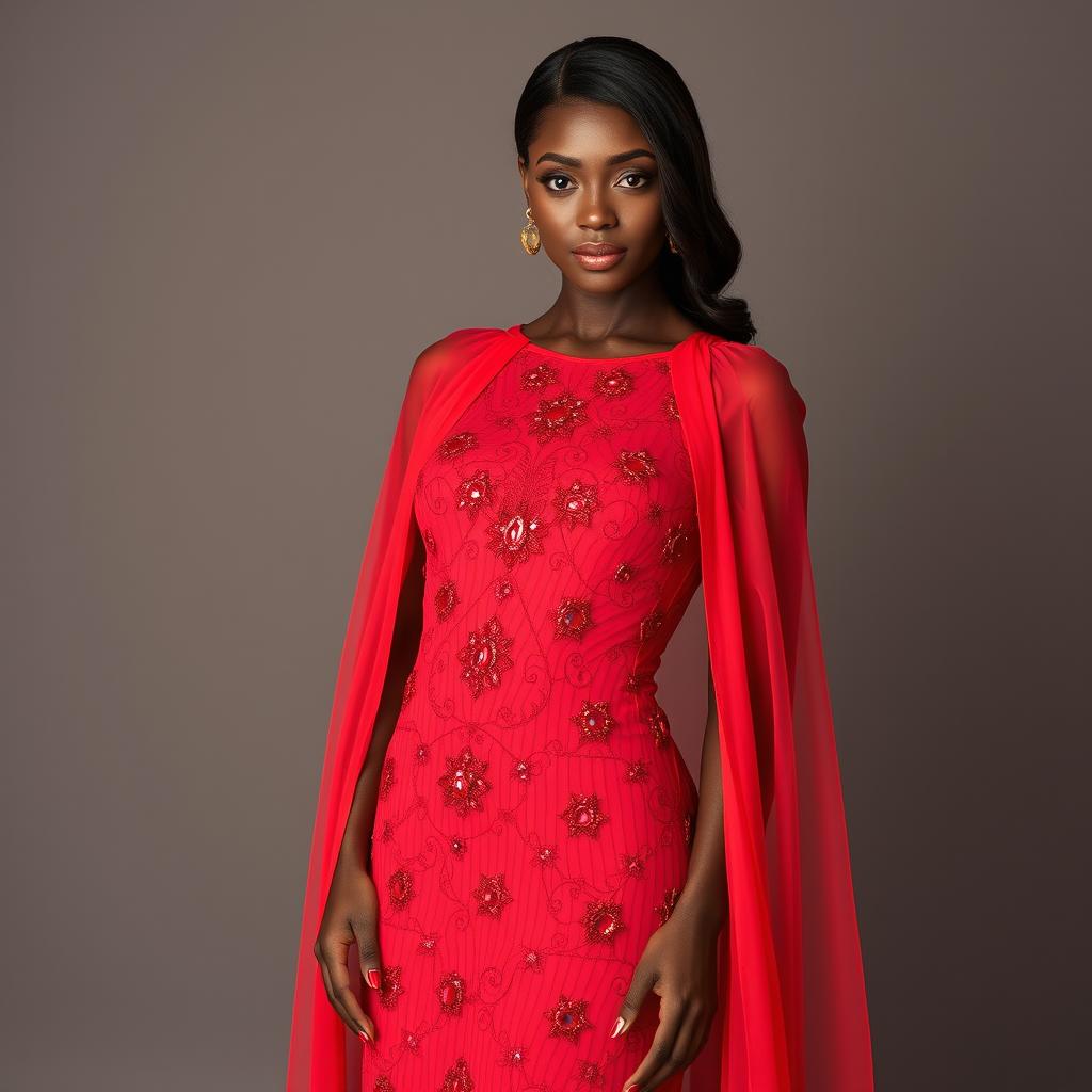 A beautiful, attractive woman wearing a long dress that covers her shoulders and elegantly defines her figure, complemented by stylish high-heeled shoes
