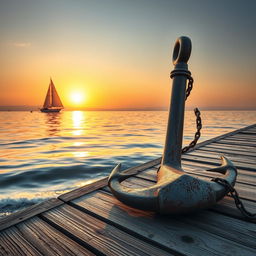 A high-resolution image of a beautifully crafted ship anchor resting on a weathered wooden dock