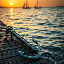 A high-resolution image of a beautifully crafted ship anchor resting on a weathered wooden dock