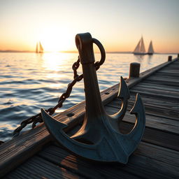 A high-resolution image of a beautifully crafted ship anchor resting on a weathered wooden dock