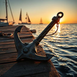 A high-resolution image of a beautifully crafted ship anchor resting on a weathered wooden dock