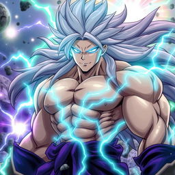 A very buff male character with striking light blue glowing eyes and a surrounding light blue aura