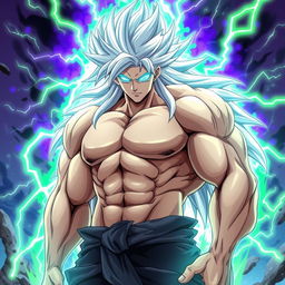 A very buff male character with striking light blue glowing eyes and a surrounding light blue aura