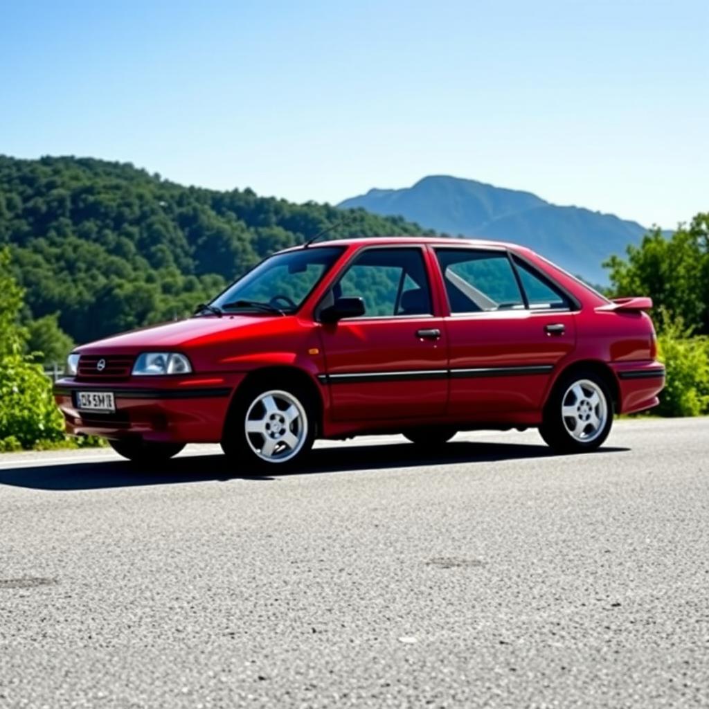 A stunning 1995 Opel Kadett E GSi parked on a scenic road, surrounded by lush greenery