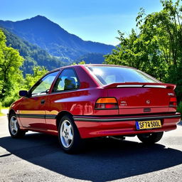 A stunning 1995 Opel Kadett E GSi parked on a scenic road, surrounded by lush greenery