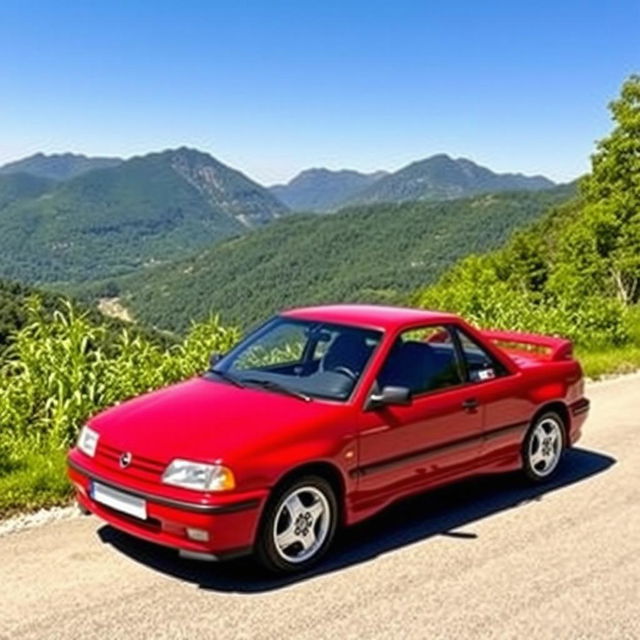 A stunning 1995 Opel Kadett E GSi parked on a scenic road, surrounded by lush greenery