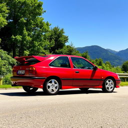 A stunning 1995 Opel Kadett E GSi parked on a scenic road, surrounded by lush greenery