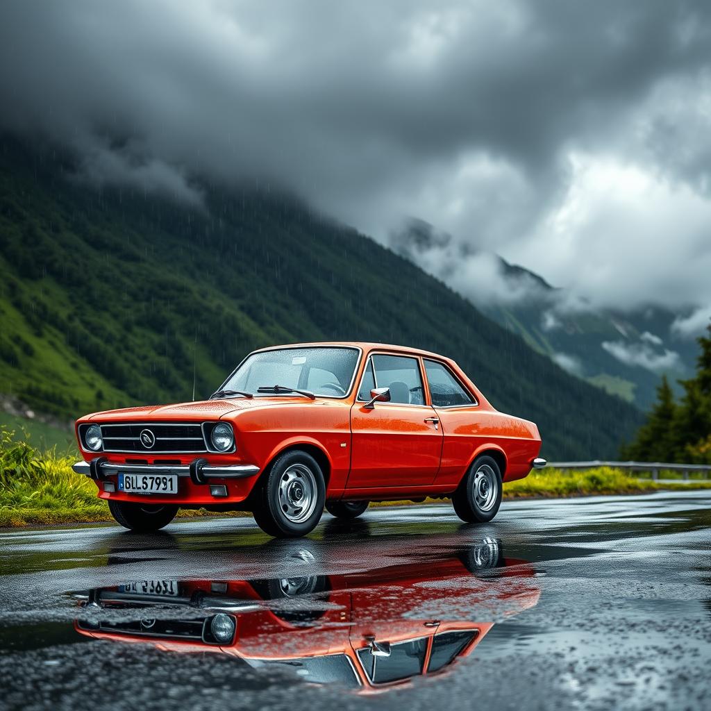 A vibrant scene featuring an Opel Kadett GSi parked on a mountain road, with rain pouring down around it