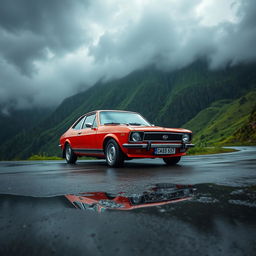 A vibrant scene featuring an Opel Kadett GSi parked on a mountain road, with rain pouring down around it