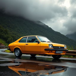 A vibrant scene featuring an Opel Kadett GSi parked on a mountain road, with rain pouring down around it