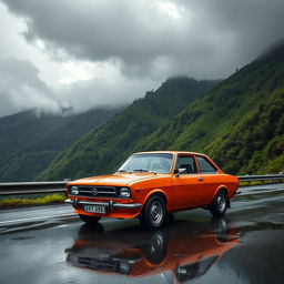 A vibrant scene featuring an Opel Kadett GSi parked on a mountain road, with rain pouring down around it