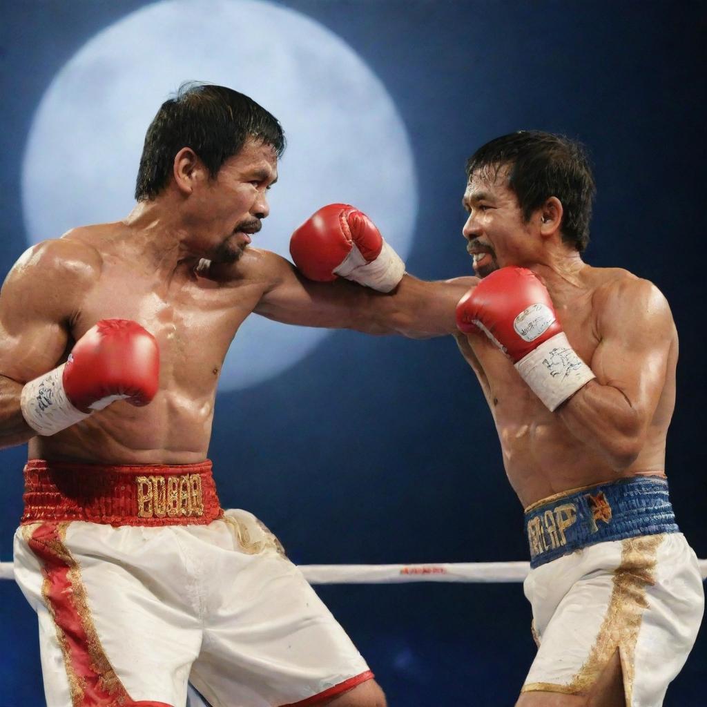 Philippine President Rodrigo Duterte and famed boxer Manny Pacquiao courageously battling a flying Manananggal under a moonlit sky. Duterte in his traditional Barong Tagalog, Pacquiao in boxing attire, both ready to protect their homeland.