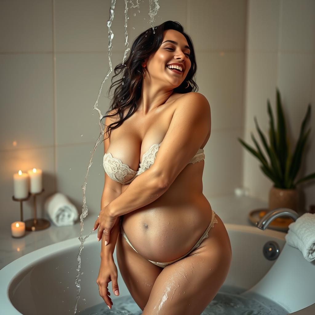 A sensual scene featuring a voluptuous woman with curvy body and big breasts, gracefully and playfully interacting with water while washing