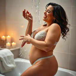 A sensual scene featuring a voluptuous woman with curvy body and big breasts, gracefully and playfully interacting with water while washing