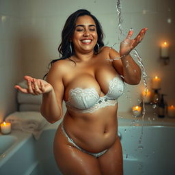 A sensual scene featuring a voluptuous woman with curvy body and big breasts, gracefully and playfully interacting with water while washing