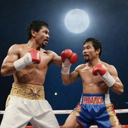 Philippine President Rodrigo Duterte and famed boxer Manny Pacquiao courageously battling a flying Manananggal under a moonlit sky. Duterte in his traditional Barong Tagalog, Pacquiao in boxing attire, both ready to protect their homeland.