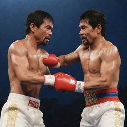 Philippine President Rodrigo Duterte and famed boxer Manny Pacquiao courageously battling a flying Manananggal under a moonlit sky. Duterte in his traditional Barong Tagalog, Pacquiao in boxing attire, both ready to protect their homeland.