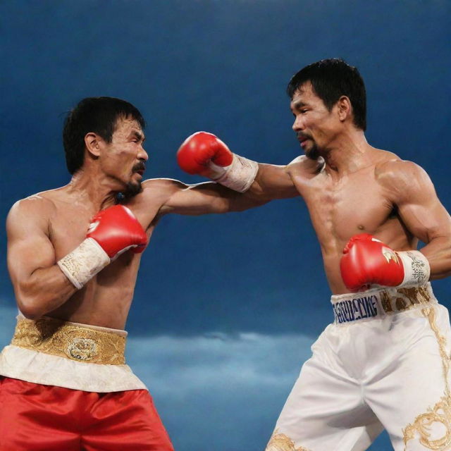 Philippine President Rodrigo Duterte and famed boxer Manny Pacquiao courageously battling a flying Manananggal under a moonlit sky. Duterte in his traditional Barong Tagalog, Pacquiao in boxing attire, both ready to protect their homeland.