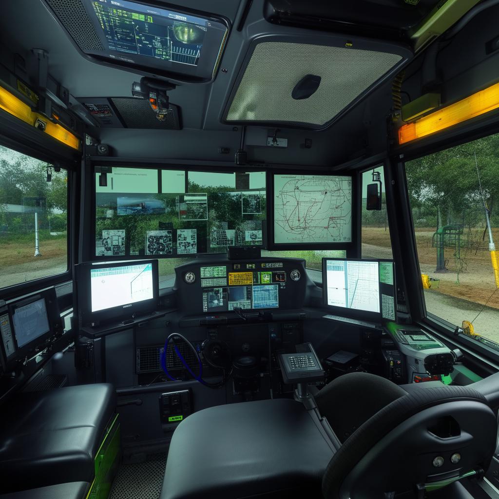 The interior of a penitentiary bus driver's cabin, featuring high-tech security dashboard, reinforced driver's seat, and an advanced feedback system to monitor the onboard prisoner compartments.