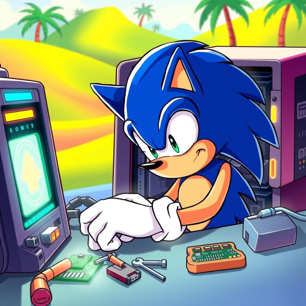 Sonic the Hedgehog, the iconic blue anthropomorphic hedgehog, is intently repairing a futuristic computer filled with glowing screens and intricate circuits