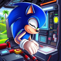 Sonic the Hedgehog, the iconic blue anthropomorphic hedgehog, is intently repairing a futuristic computer filled with glowing screens and intricate circuits