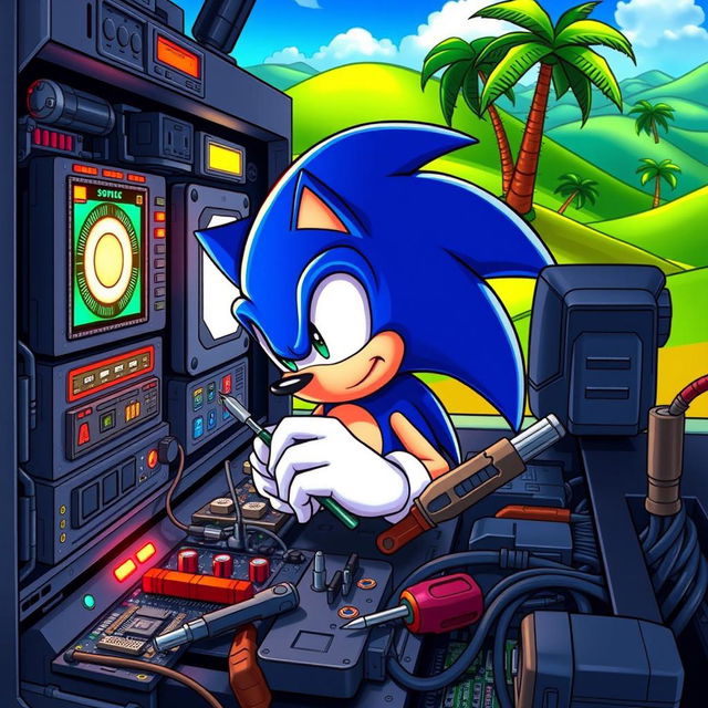 Sonic the Hedgehog, the iconic blue anthropomorphic hedgehog, is intently repairing a futuristic computer filled with glowing screens and intricate circuits