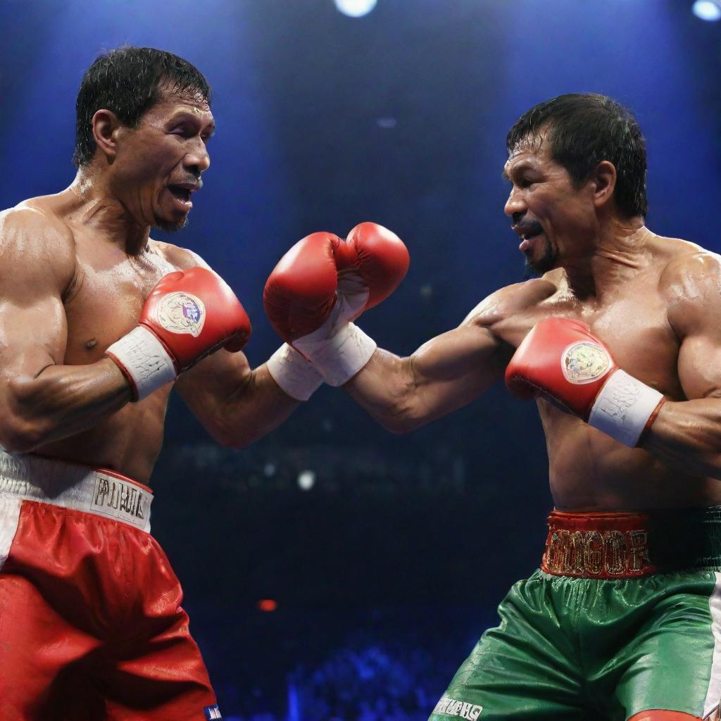 A scene where an imposingly muscular and anthropomorphic crocodile, with boxing gloves on its claws, is seen dramatically striking at Philippine President Rodrigo Duterte and boxer Manny Pacquiao, all under a colorful, suspenseful spotlight