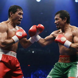 A scene where an imposingly muscular and anthropomorphic crocodile, with boxing gloves on its claws, is seen dramatically striking at Philippine President Rodrigo Duterte and boxer Manny Pacquiao, all under a colorful, suspenseful spotlight