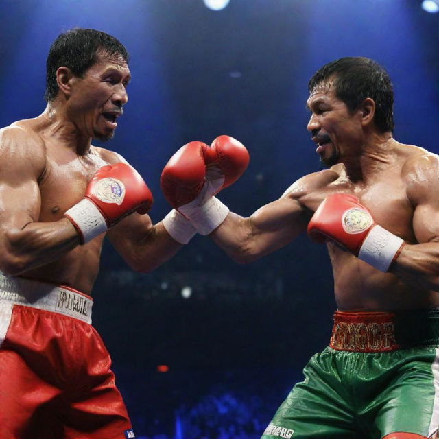 A scene where an imposingly muscular and anthropomorphic crocodile, with boxing gloves on its claws, is seen dramatically striking at Philippine President Rodrigo Duterte and boxer Manny Pacquiao, all under a colorful, suspenseful spotlight