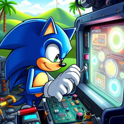 Sonic the Hedgehog, the iconic blue anthropomorphic hedgehog, is intently repairing a futuristic computer filled with glowing screens and intricate circuits