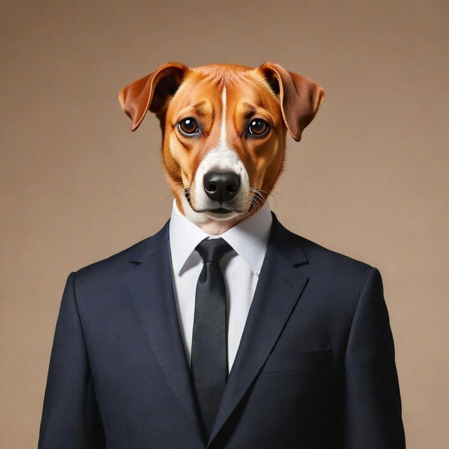 A dignified anthropomorphic dog, specifically a golden retriever, standing upright in a formal black suit and tie