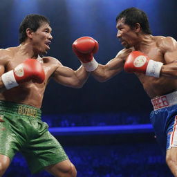 A scene where an imposingly muscular and anthropomorphic crocodile, with boxing gloves on its claws, is seen dramatically striking at Philippine President Rodrigo Duterte and boxer Manny Pacquiao, all under a colorful, suspenseful spotlight