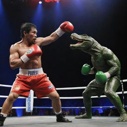 A scene where an imposingly muscular and anthropomorphic crocodile, with boxing gloves on its claws, is seen dramatically striking at Philippine President Rodrigo Duterte and boxer Manny Pacquiao, all under a colorful, suspenseful spotlight