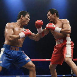 A scene where an imposingly muscular and anthropomorphic crocodile, with boxing gloves on its claws, is seen dramatically striking at Philippine President Rodrigo Duterte and boxer Manny Pacquiao, all under a colorful, suspenseful spotlight