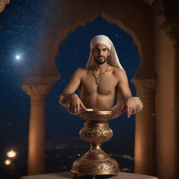 A mysterious and enticing Genie, emerging from an ancient ornate lamp, against the backdrop of a starlit Arabian night.