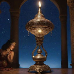 A mysterious and enticing Genie, emerging from an ancient ornate lamp, against the backdrop of a starlit Arabian night.