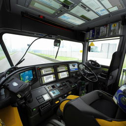 The interior of a penitentiary bus driver's cabin, featuring high-tech security dashboard, reinforced driver's seat, and an advanced feedback system to monitor the onboard prisoner compartments.