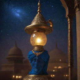 A mysterious and enticing Genie, emerging from an ancient ornate lamp, against the backdrop of a starlit Arabian night.