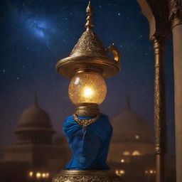 A mysterious and enticing Genie, emerging from an ancient ornate lamp, against the backdrop of a starlit Arabian night.