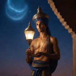 A mysterious and enticing Genie, emerging from an ancient ornate lamp, against the backdrop of a starlit Arabian night.