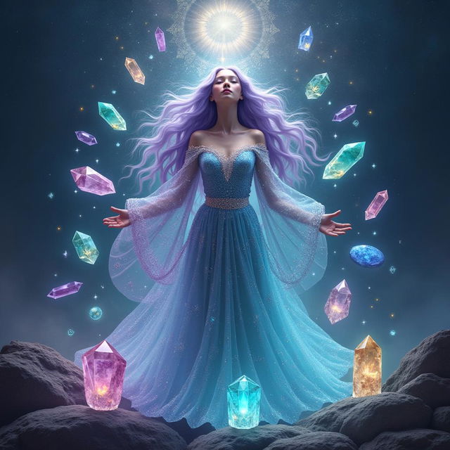 A mystical goddess of Crystals, adorned in flowing robes made of shimmering crystal formations