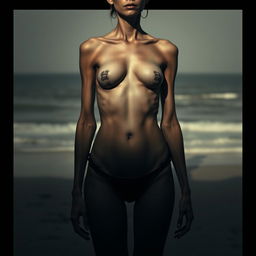 A striking artistic representation of a woman with an emaciated physique, emphasizing her skin and bones