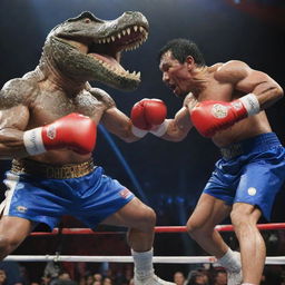 An image of an enormous, anthropomorphic crocodile with oversized boxing gloves, delivering a fierce punch to President Rodrigo Duterte while simultaneously attempting to bite an agile Manny Pacquiao under a dramatically lit backdrop