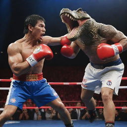 An image of an enormous, anthropomorphic crocodile with oversized boxing gloves, delivering a fierce punch to President Rodrigo Duterte while simultaneously attempting to bite an agile Manny Pacquiao under a dramatically lit backdrop