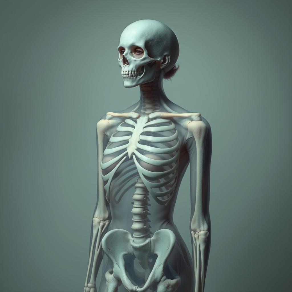 An artistic depiction of a woman who appears as a skeleton partially covered with translucent skin