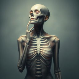 An artistic depiction of a woman who appears as a skeleton partially covered with translucent skin